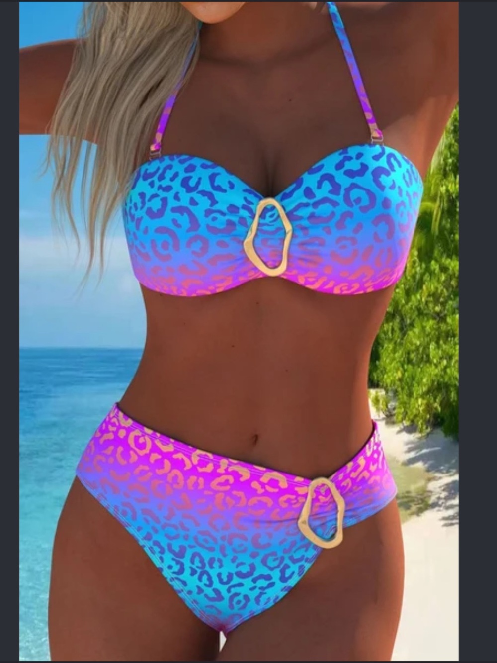 Aumora Sky Blue Ombre Leopard Print Halter Bikini Set Size Large New In Bag